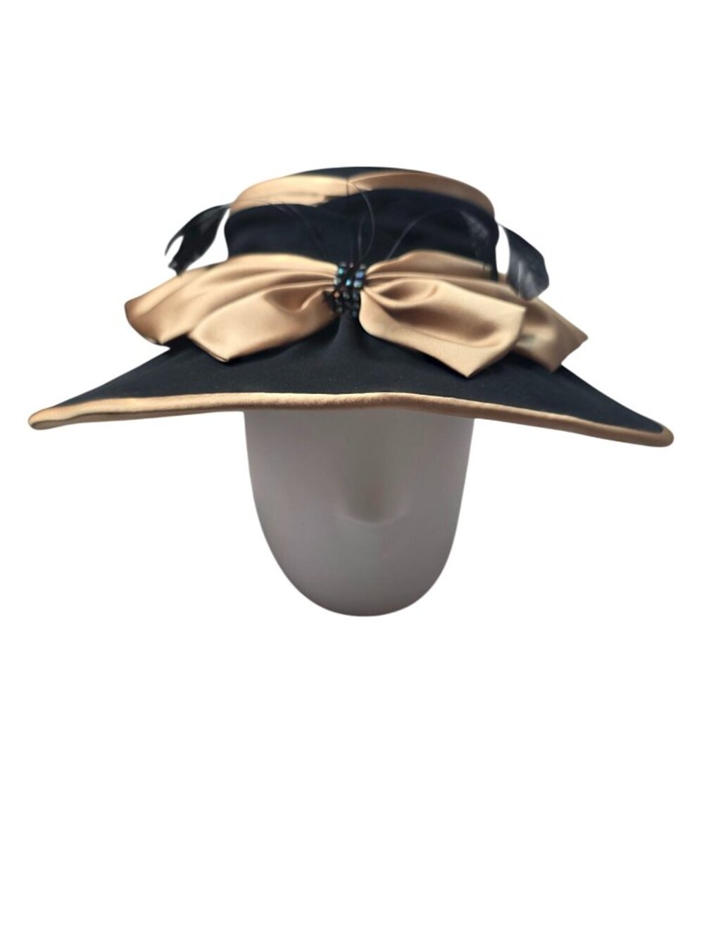Wide Brim Black & Gold Hat With Satin Bow Feathers & Rhinestone Accent By Clara